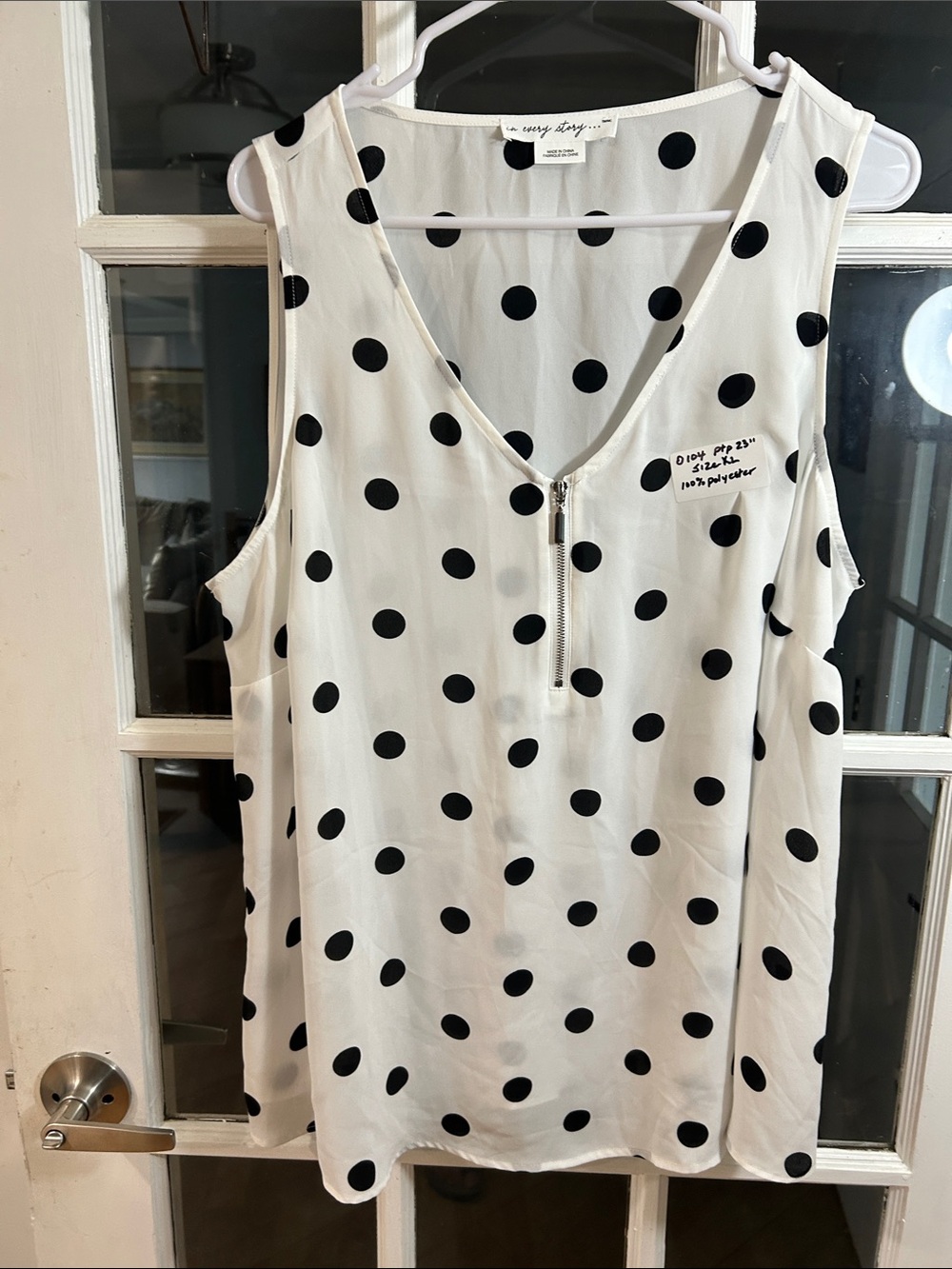 O104.    Polka Dot Sleeveless Zip-Front Top by "one story" - White/Black